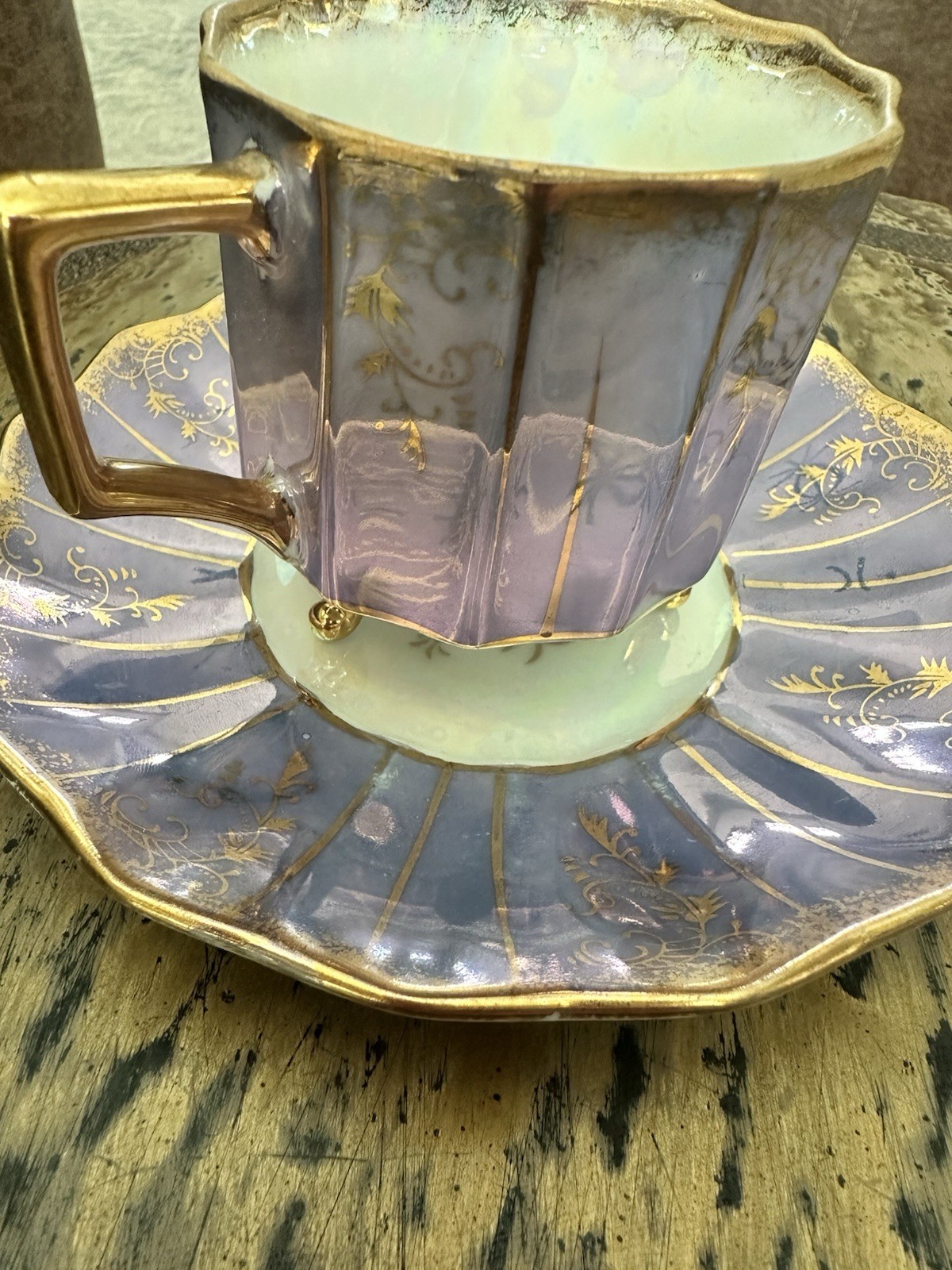 Branco Ceramics Purple White Gold Floral Ceramic Cup & Saucer Set Handle