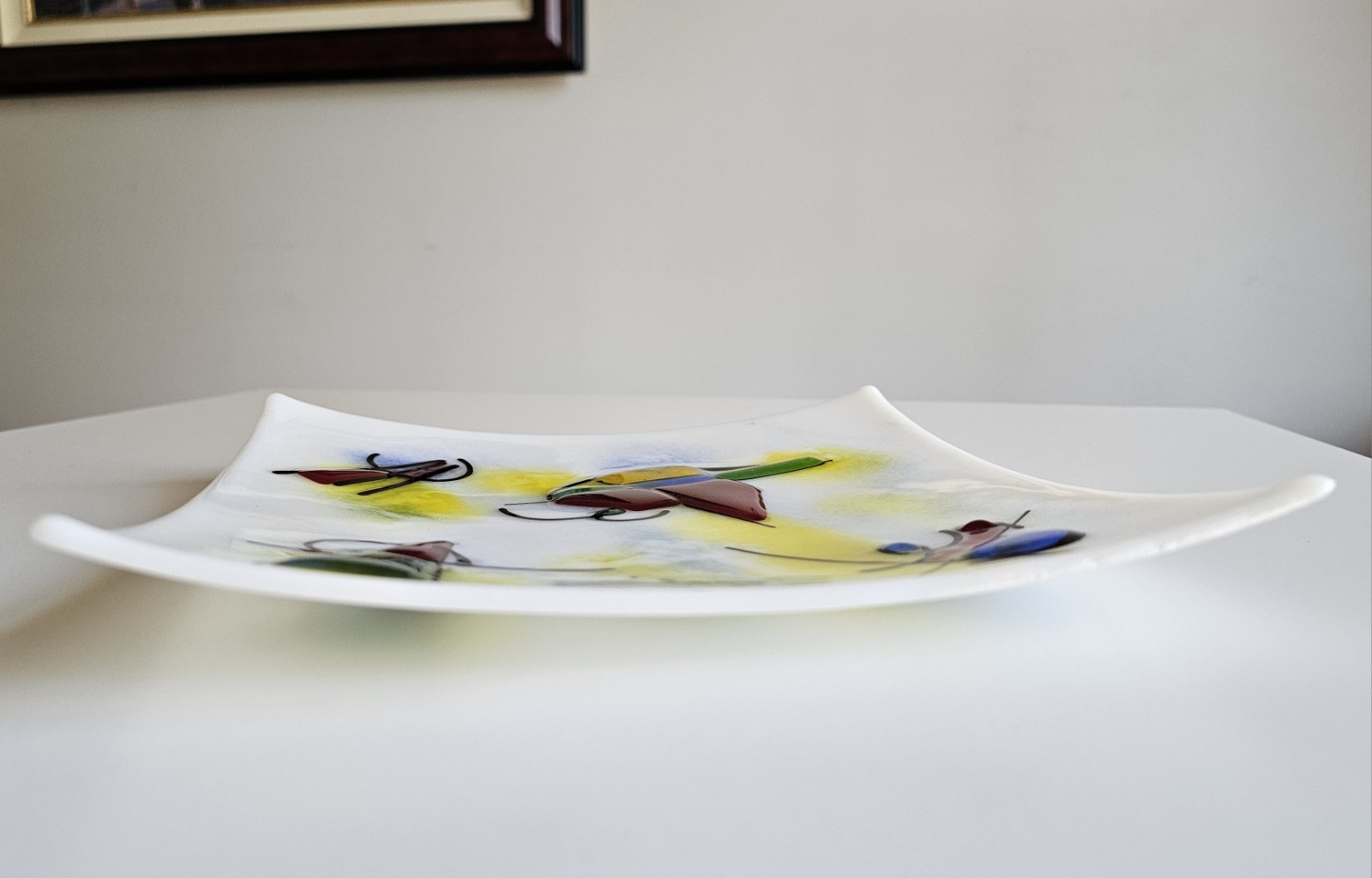 Vintage Fused Glass Abstract Art Plate – Kandinsky Style – MCM 9″ Square White