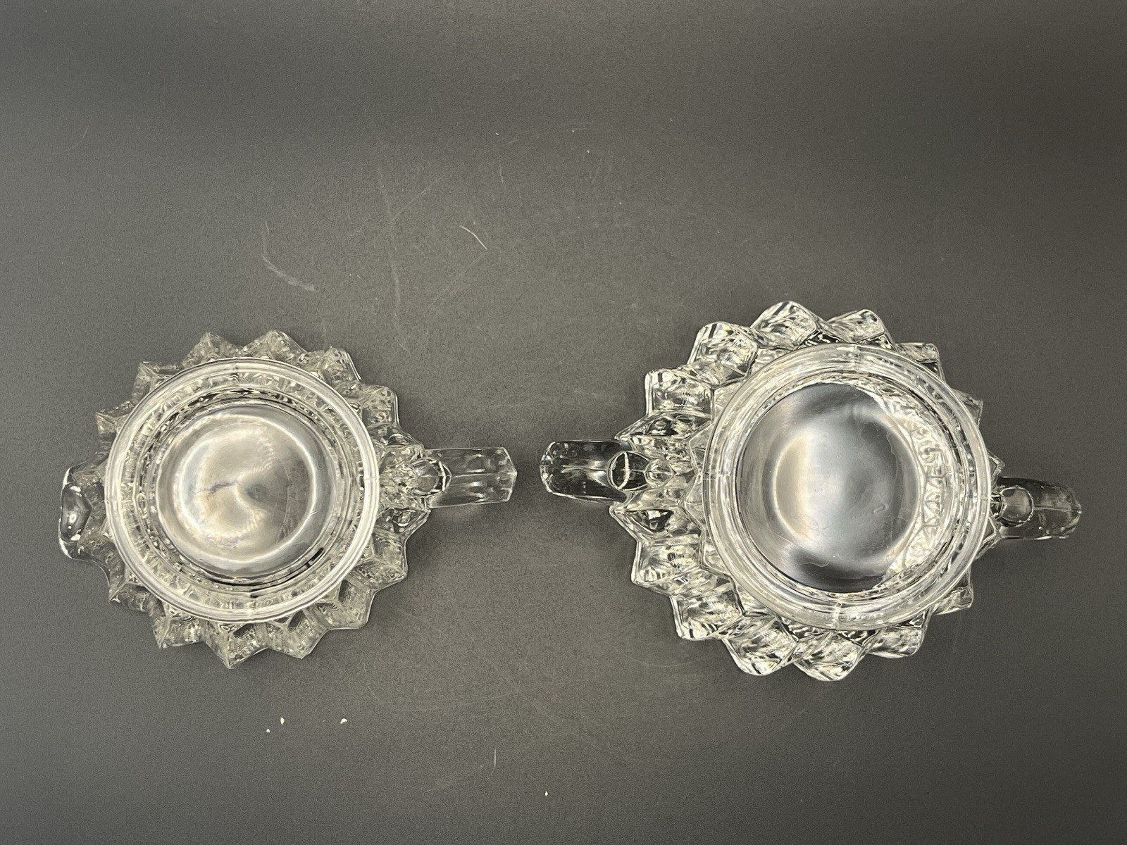 Vtg Jeannette Glass Depression Glass “National” creamer and sugar bowl set Clear