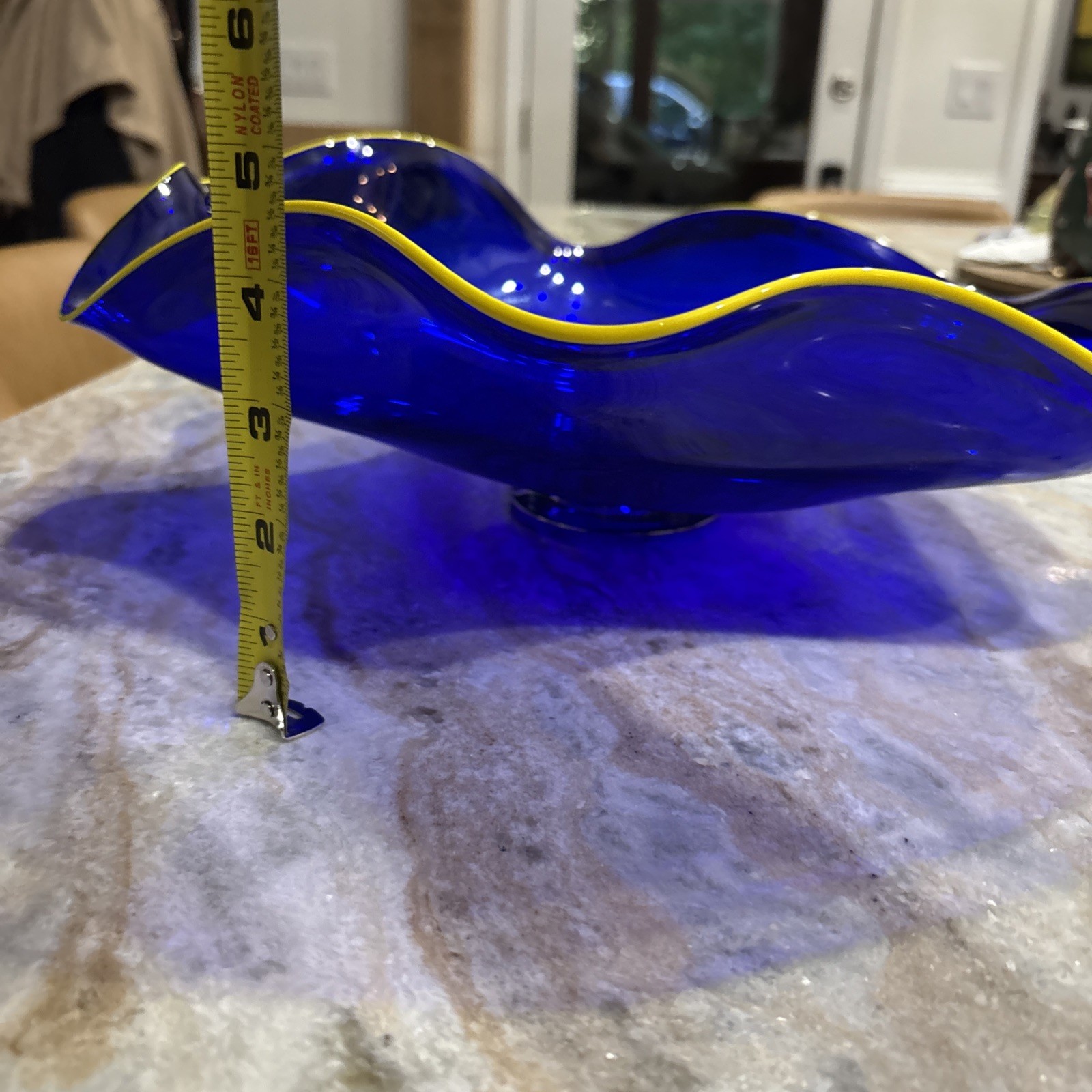 Vintage Algar Cobalt Blue Hand Blown Bowl With Bright Yellow Trim Detail. 14”