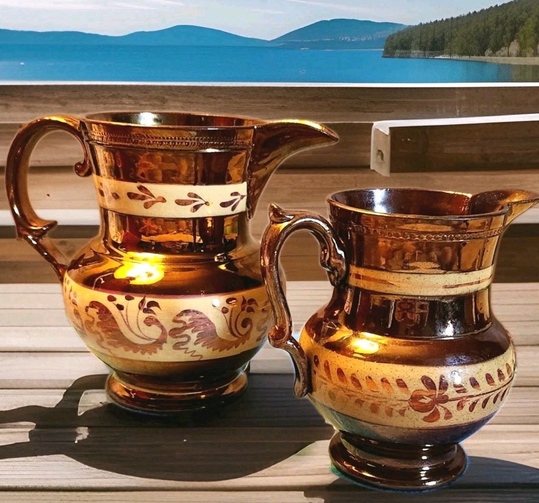 2 English Copper Lusterware Pitchers Staffordshire Pottery 1850-1899 England