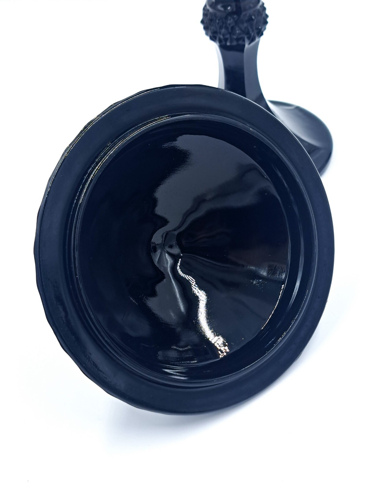 Vintage Tiara Indiana Black Glass, Diamond Point Pedistal Covered Candy Dish 15″