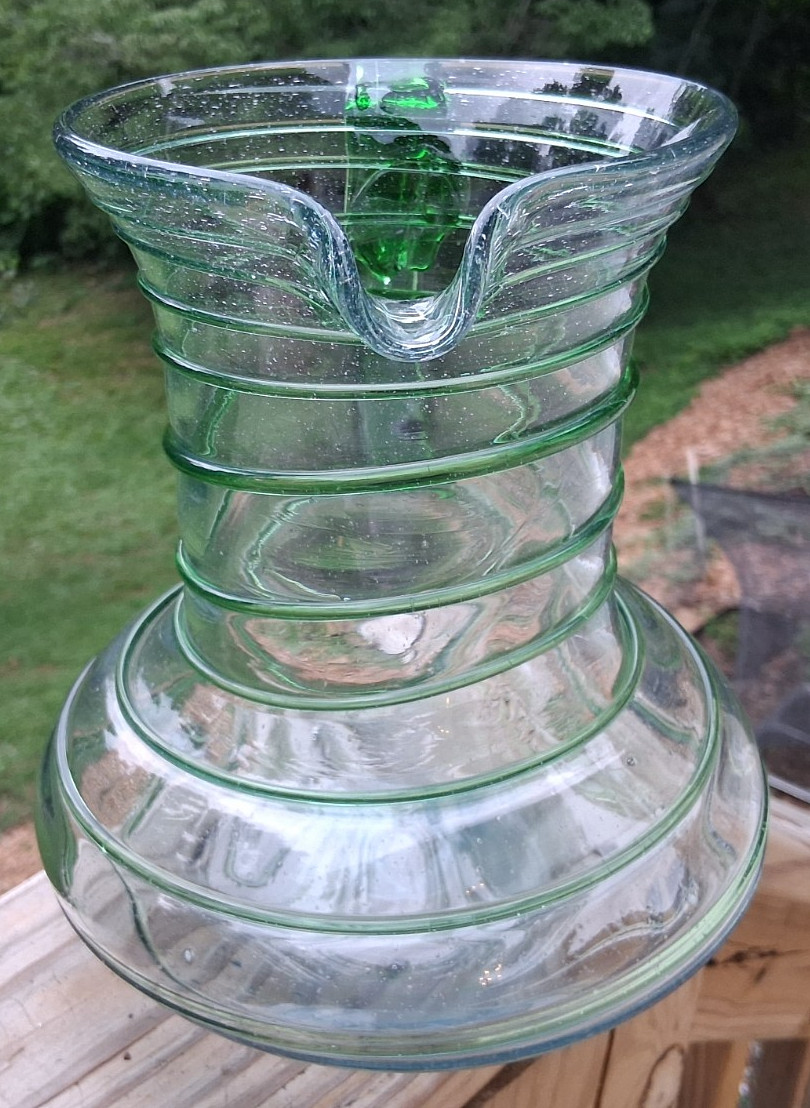 9″ Mexican Hand Blown Art Glass Pitcher Applied Green Threading & Handle Lg Base
