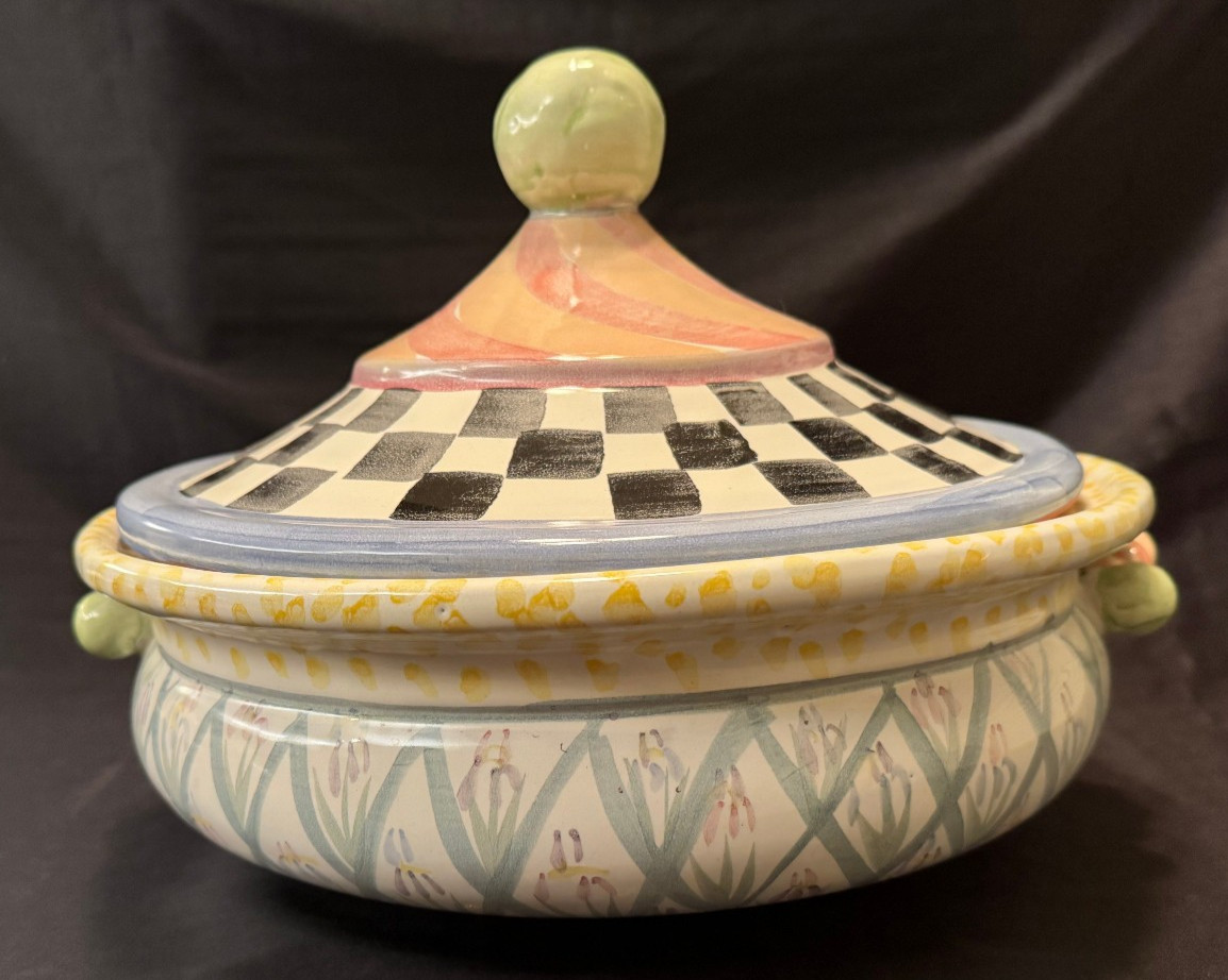 MacKenzie Childs Bearded Iris Large Soup Tureen – Checked Pattern ~ 13.5″ x 9.5″