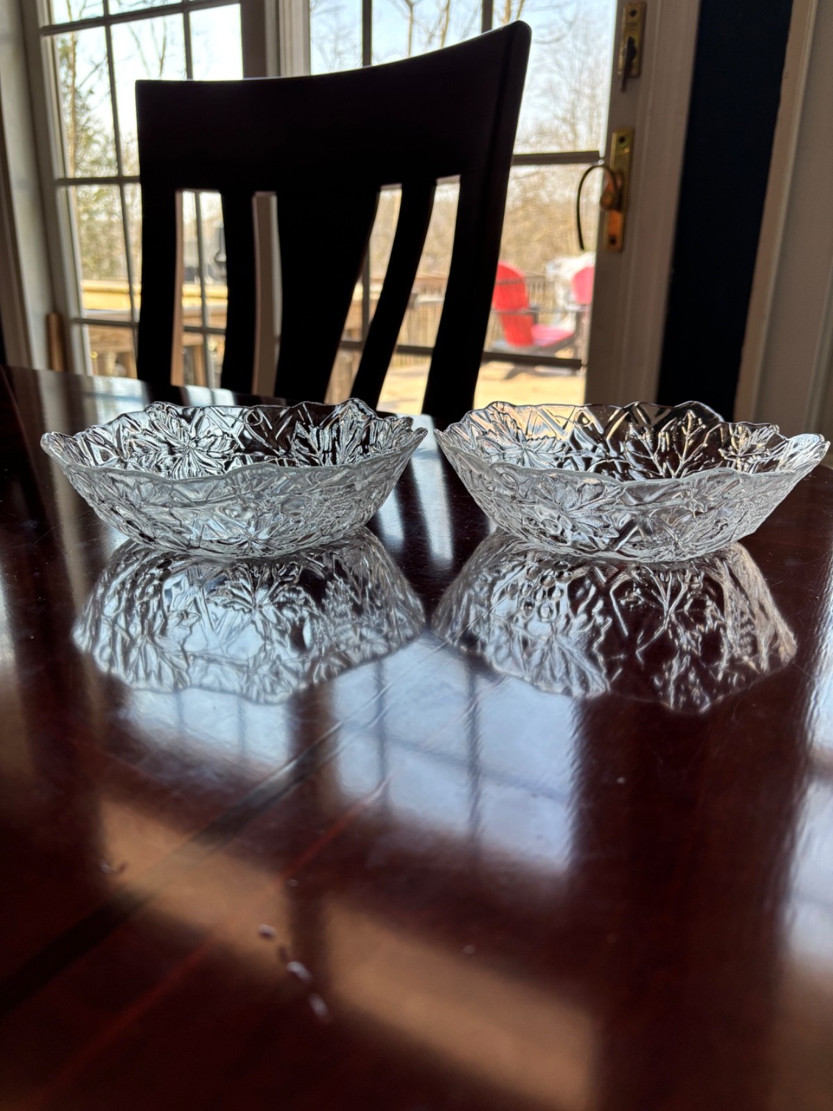 VINTAGE PAIR OF PRESSED GLASS BOWLS WITH EMBOSSED GRAPEVINES ON OUTSIDE 6-½”