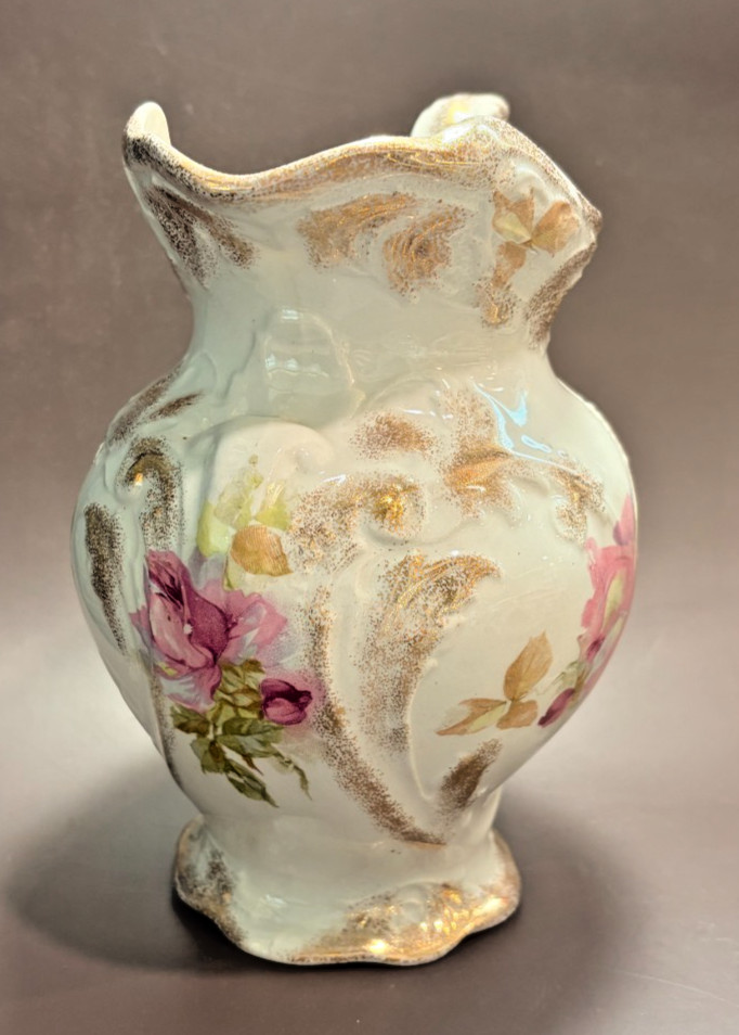 Antique J&G Meakin Hanley England Ironstone Washstand Pitcher Rose Floral Gilt