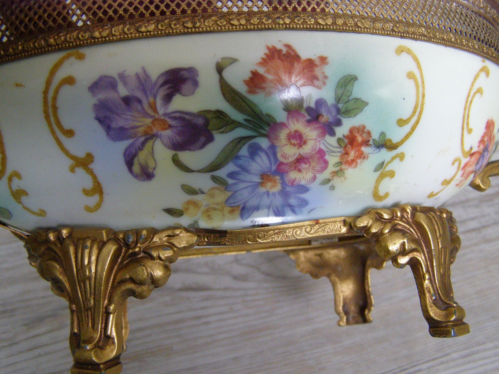Antique Karlovy Vary Porcelain Serving Dish Gilt metal base bottom stamped #23