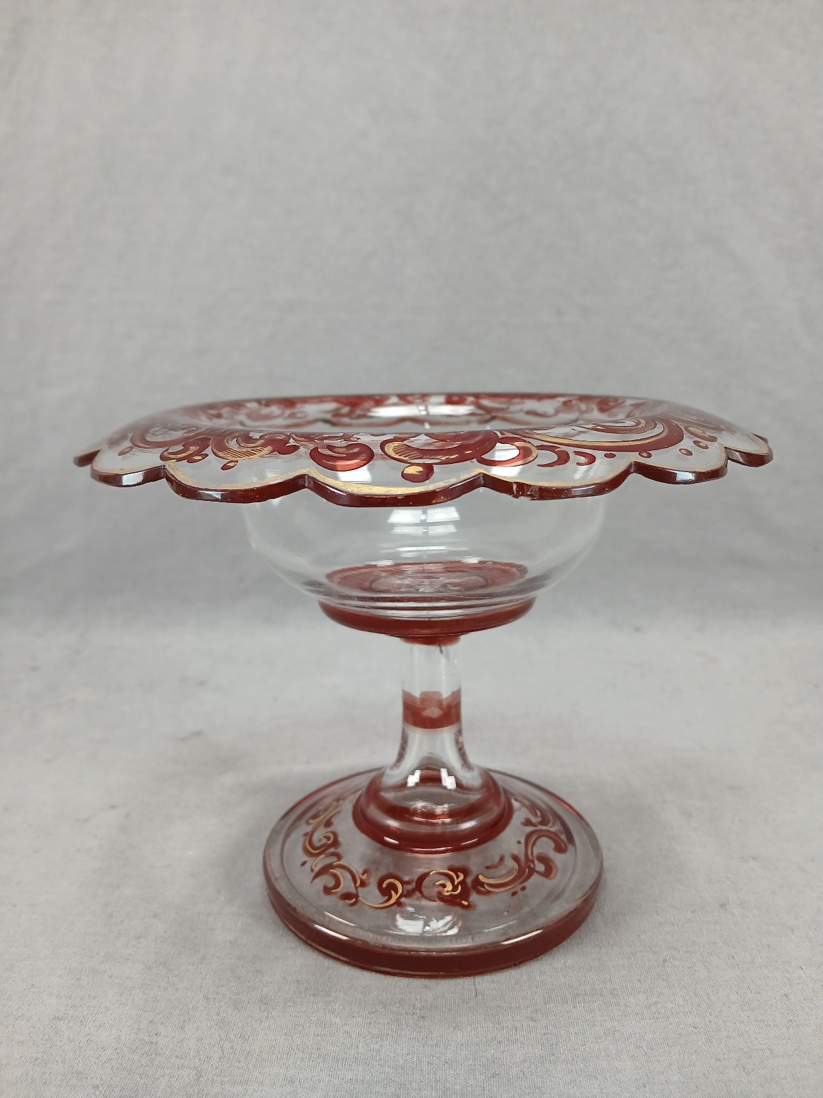 Mid 19th Century Bohemian Ruby Stained & Gold Scrollwork 5 1/8 Inch Compote