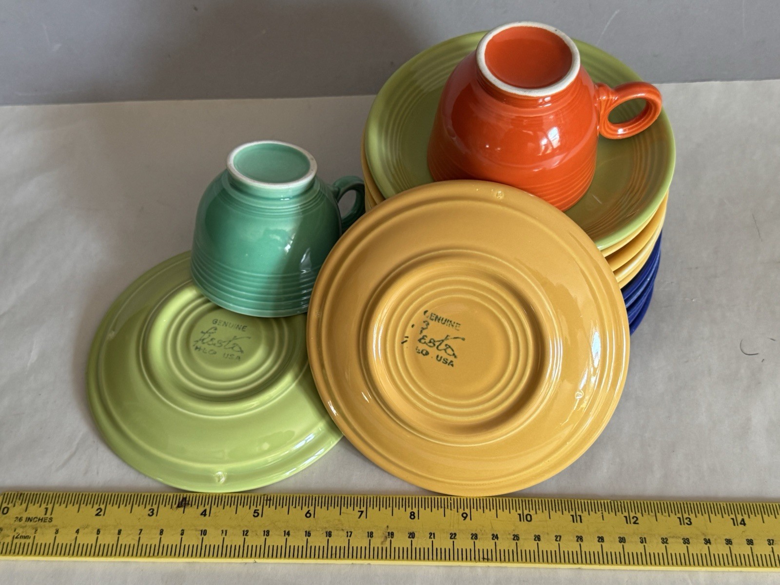 14pc FIESTA Homer Laughlin 2 Cups 12 Saucers Red Yellow Cobalt Lt Green Chartre