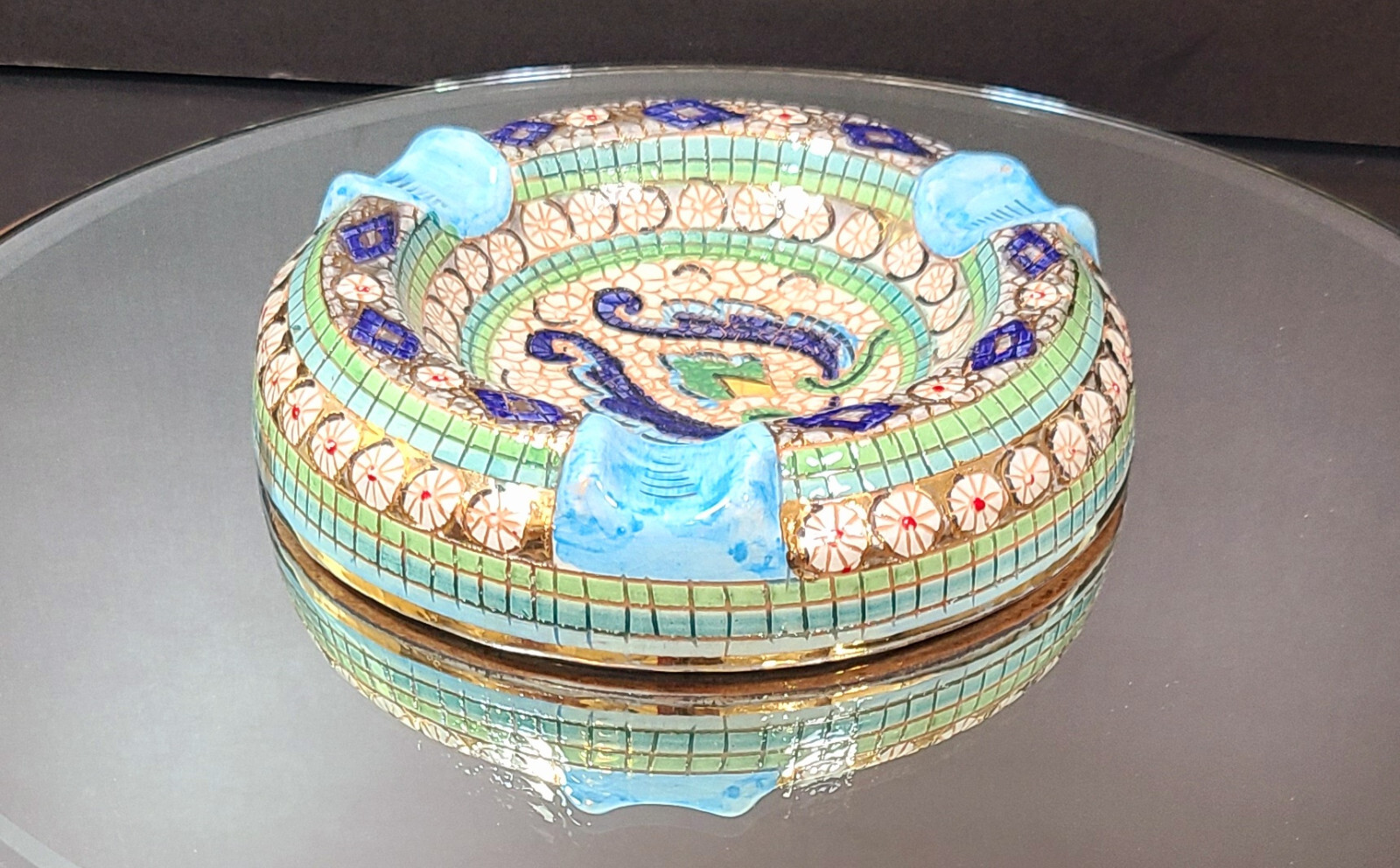 VTG Taormina Ashtray Majolica Mosaic Style Green Blue Gold EUC Rare Find-Italy