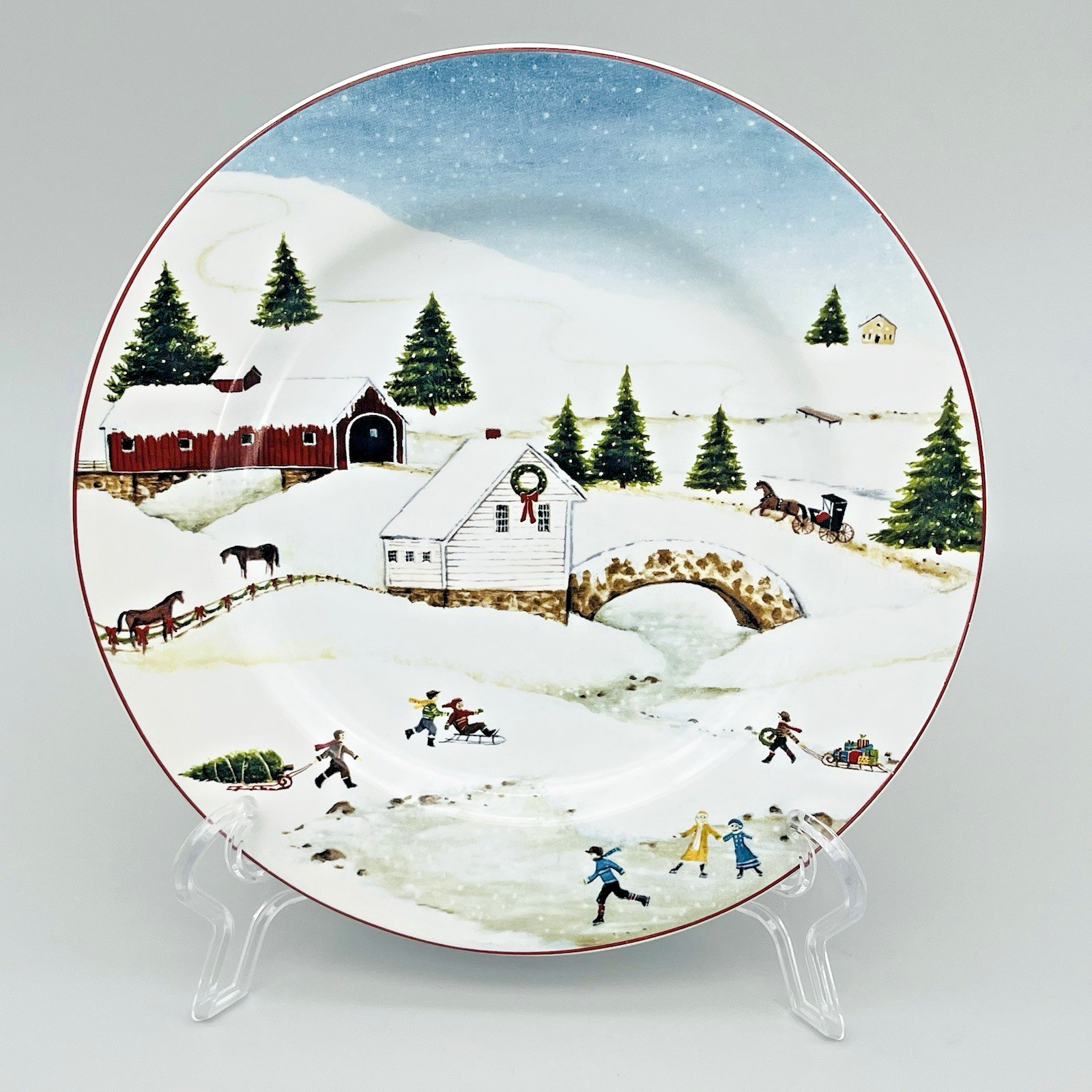 Christmas Valley Ice Skating Snowy Covered Bridge 8-1/4″ Plate Sakura Stoneware