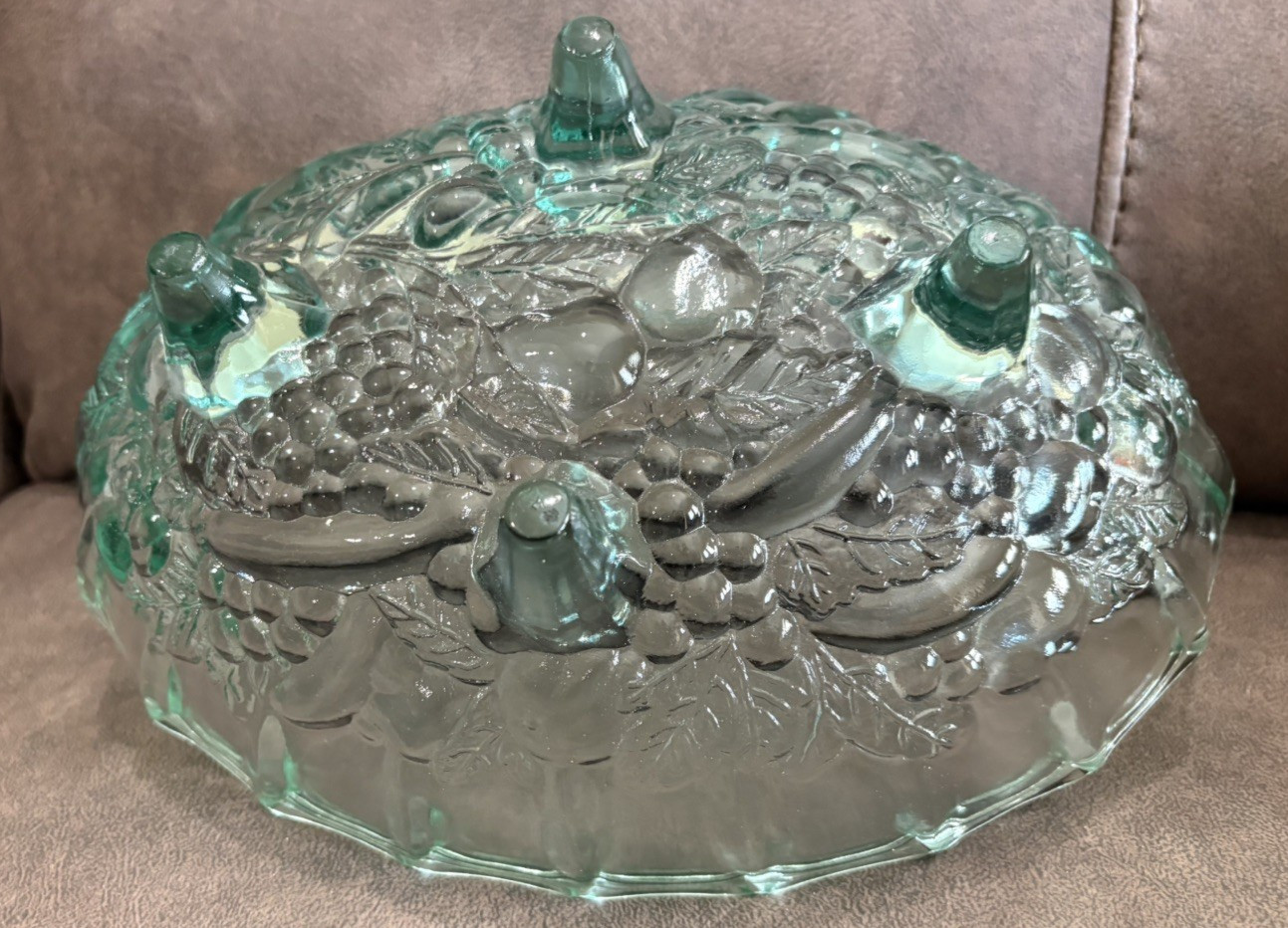 Vintage Glass Harvest Grape & Leaves Green Footed Fruit Bowl 12 in