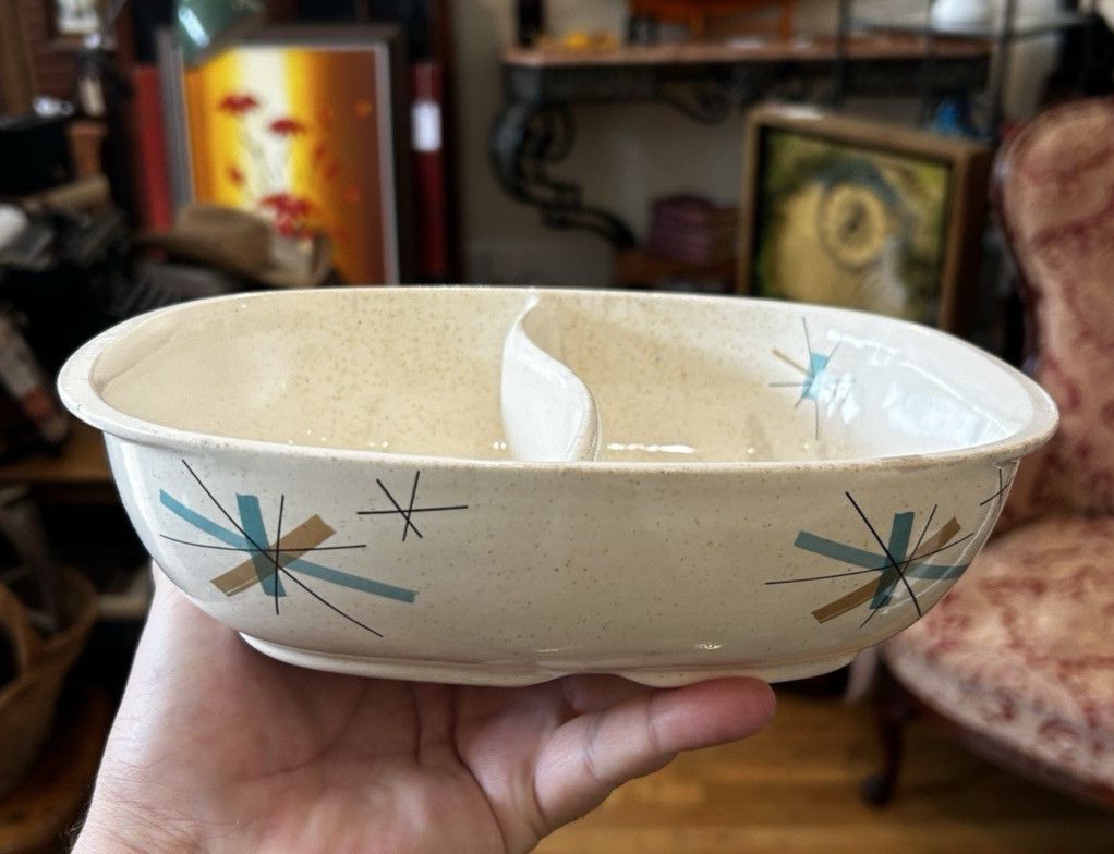 Vintage Salem China Hop Scotch Pink Footed Bowl MCM Atomic Starburst Free Form