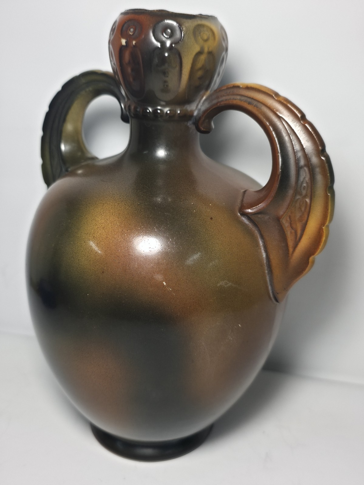 Antique Decorated Porcelain Dual Handle Pitcher Signed w/ Griffin El Unico Logo