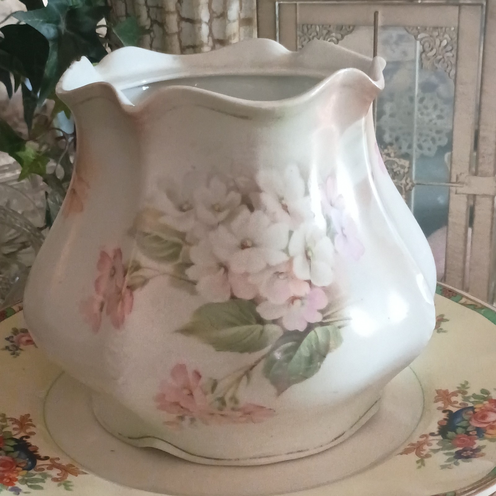 RS Prussia Floral Porcelain Pitcher Glossy White Pink Green Prussia