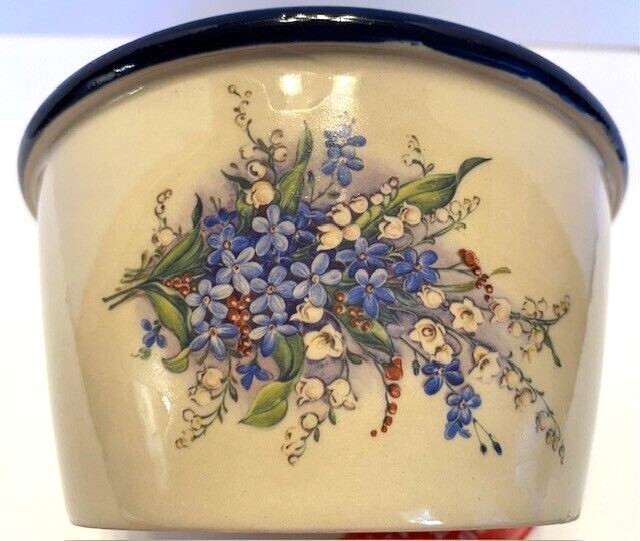 Vintage Blue Rim/Beige Blue Floral 6 Inch-(D) 3″ (H) Country Bowl/Crock/Planter