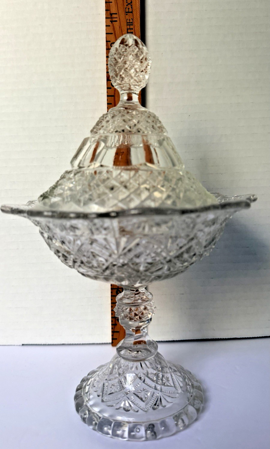 EAPG Clear Pressed Glass Covered Compote Diamond Fan Pineapple Finial UV365 Glow
