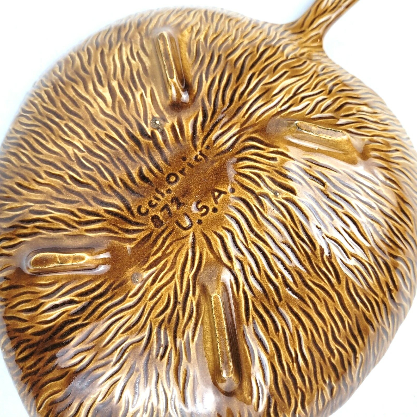 California Pottery Yellow Leaf Dish no 872 Brown Glaze Gold Rim USA Made