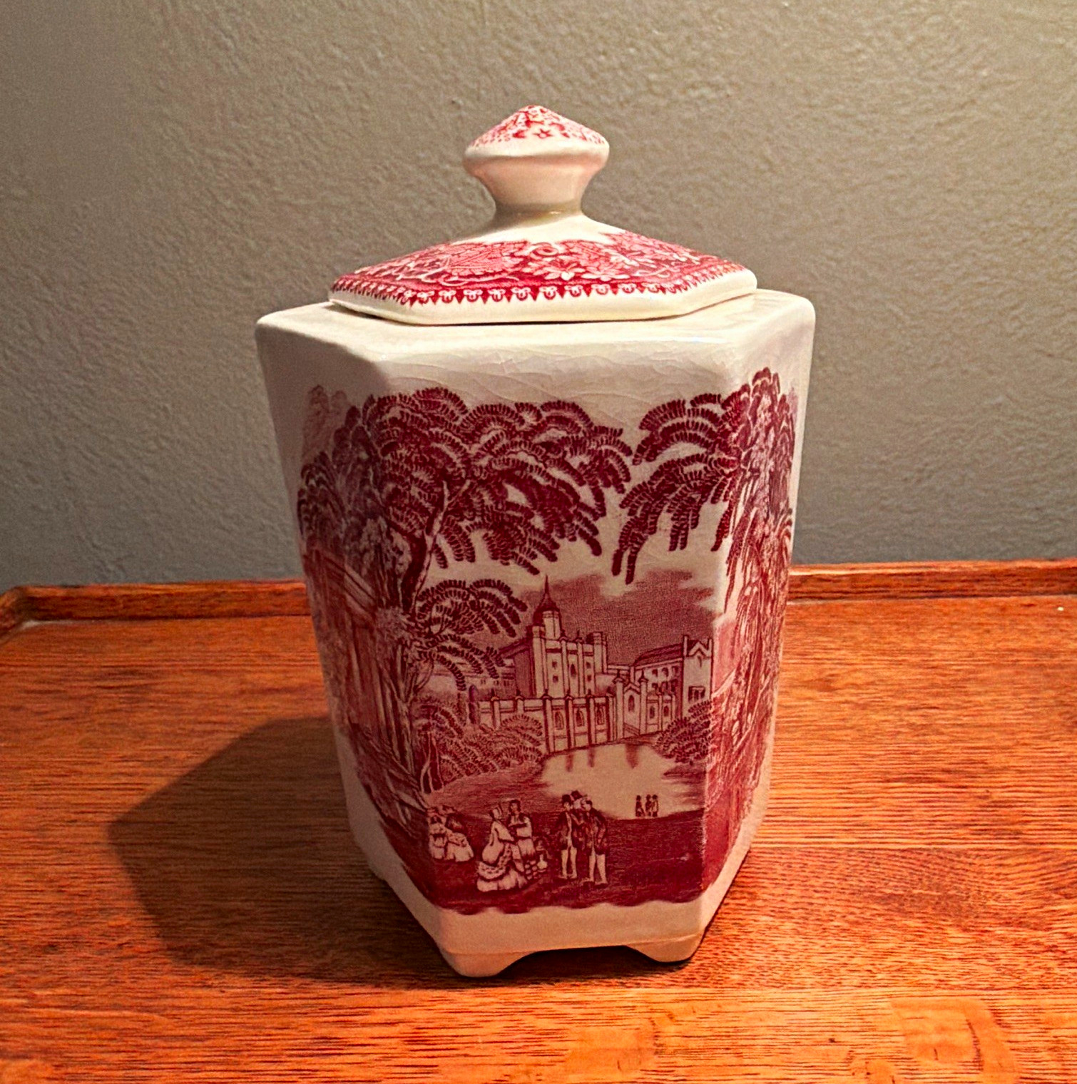 Mason’s England Ironstone Red Transferware Hexagon Lidded Jar Canister