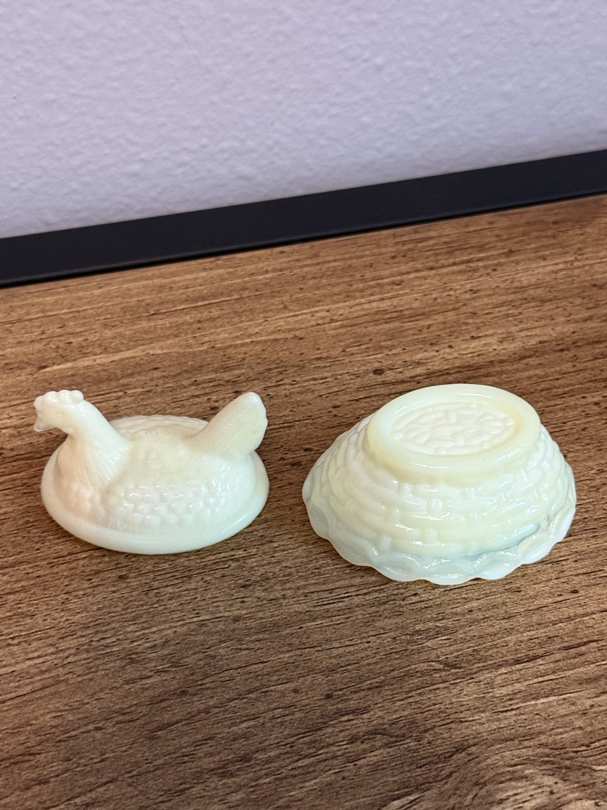 Custard Glass Hen on Nest Covered Dish.