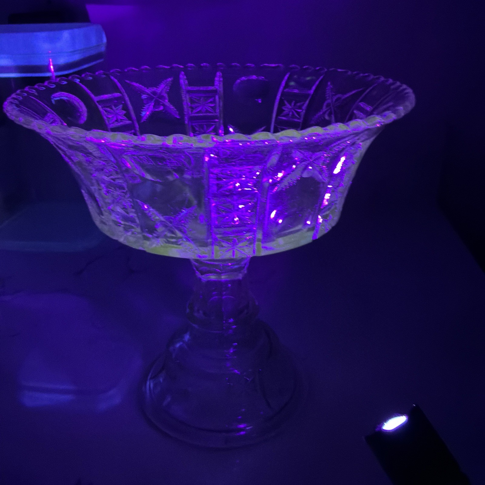 Antique Crystal Glass Co. X Bull’s Eye EAPG High Stand Centerpiece Compote Glows