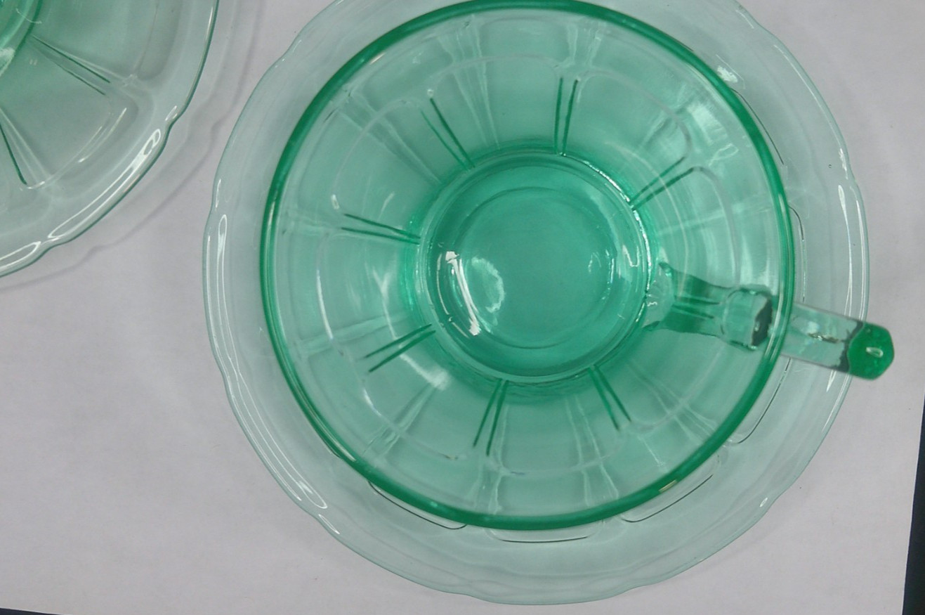 Uranium, Diamond Glass Co, Victory, Green, Cup & Saucer Sets, (2), c 1929, ExCd