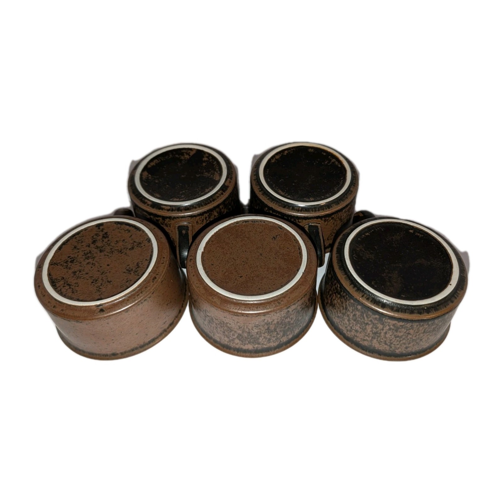 x5 Vtg Arabia Finland RUSKA Cups Brown Flat Drum Mugs Stoneware Mug Cup 4×2⅛” A+