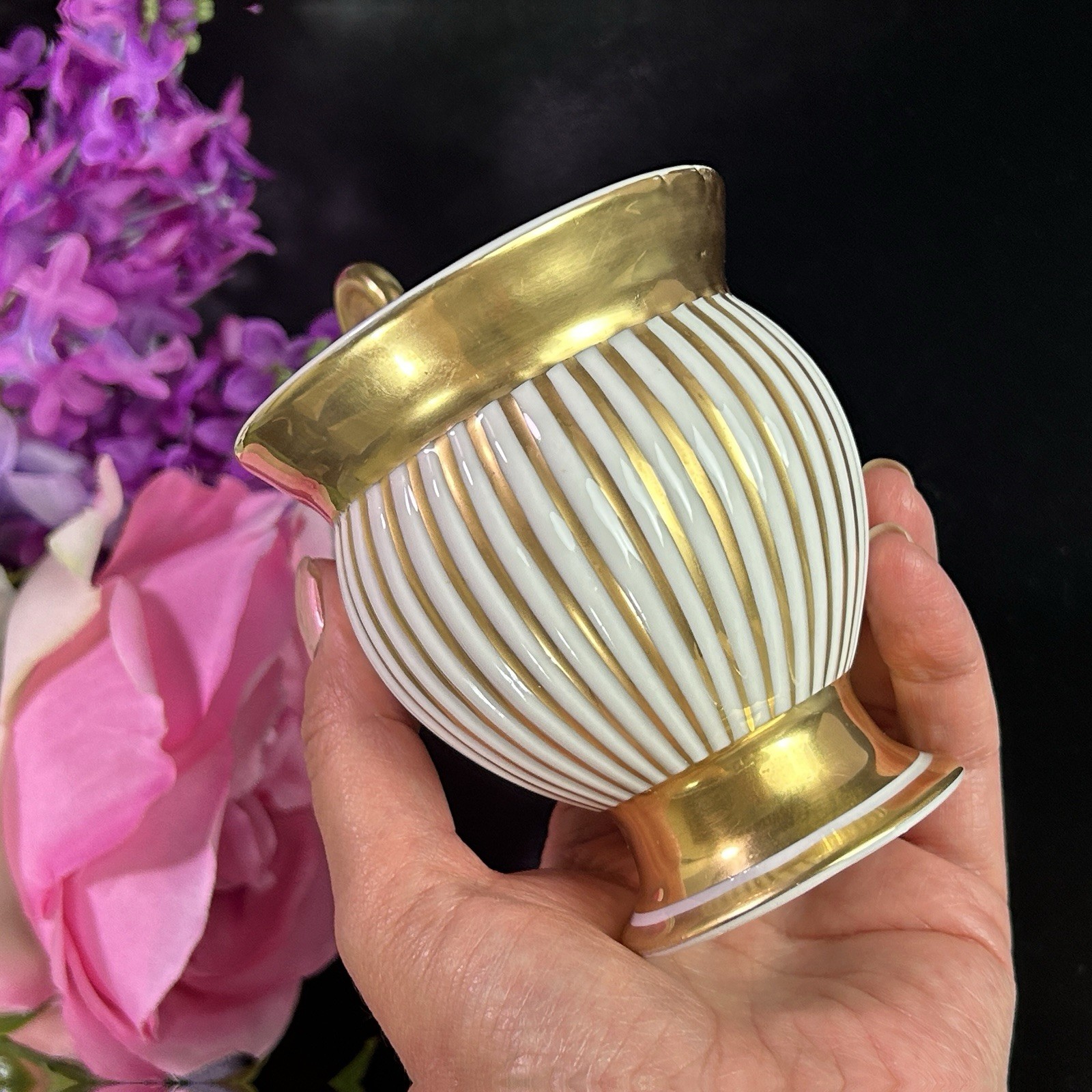 Antique Royal Porzellan Manufaktur RPM Lion Handle Cup Gold Stripes 4 3/8”