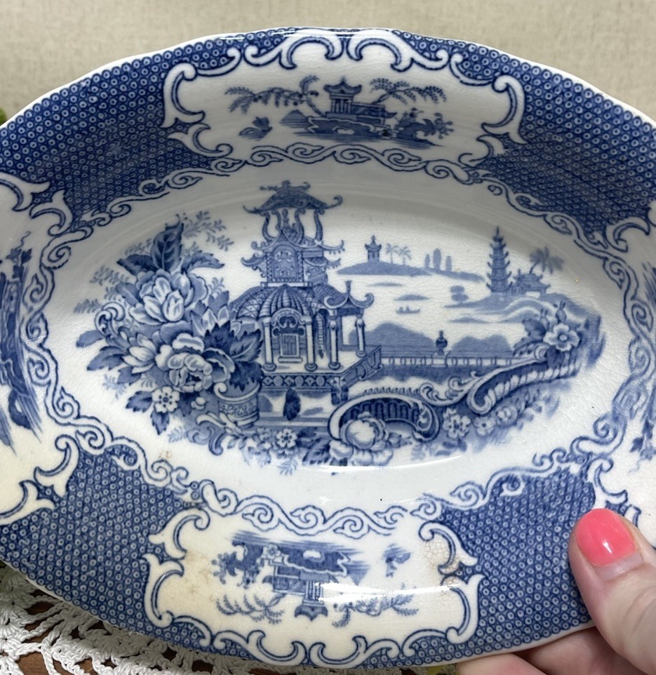 Allertons Chinese Blue Oval Serving Vegetable Bowl Pagodas 9 In OLD Back Stamp