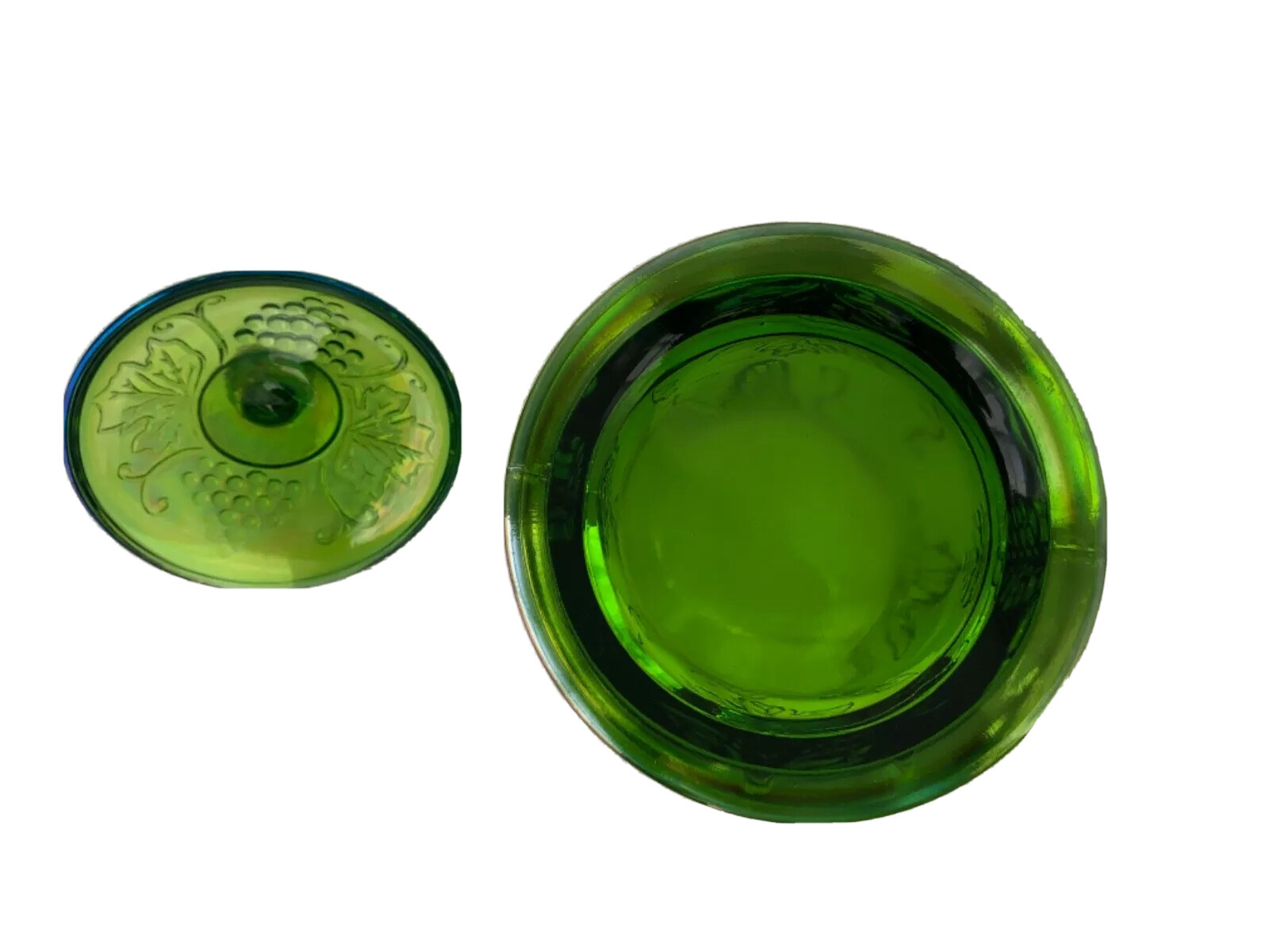 VINTAGE INDIANA GREEN GRAPE HARVEST CARNIVAL GLASS IRIDESCENTCANISTER/JAR LIDDED