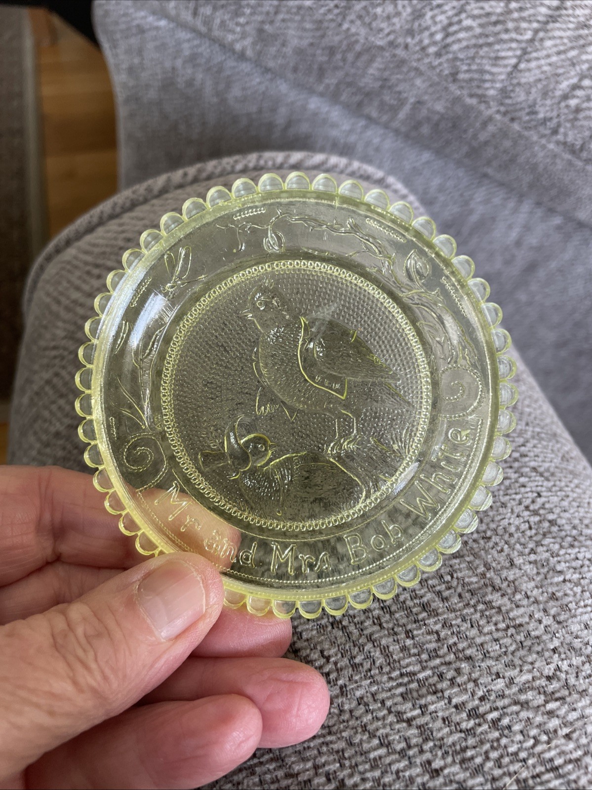 Vintage Pairpoint Glass Vaseline Uranium Glass Cup Plate Mr. & Mrs. Bob White