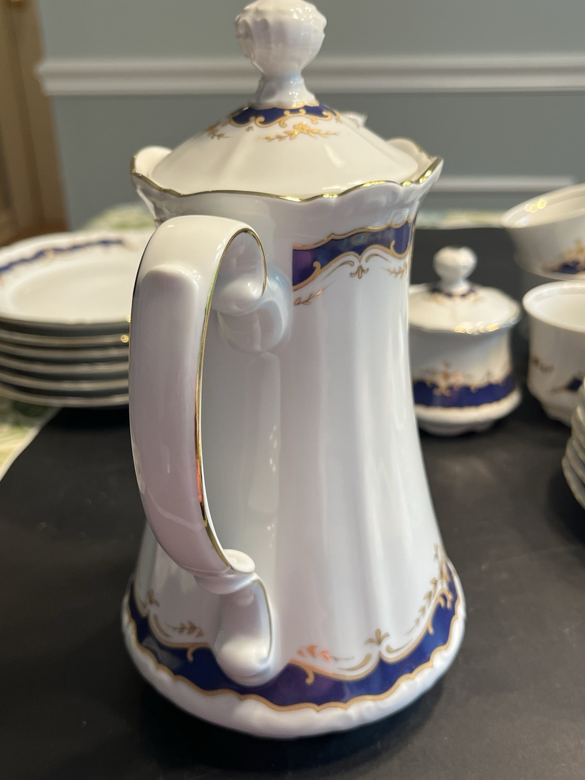 21pc Mitterteich Bavaria Cobalt Blue Gold Trim Coffee Tea Pot Desert Serving Set