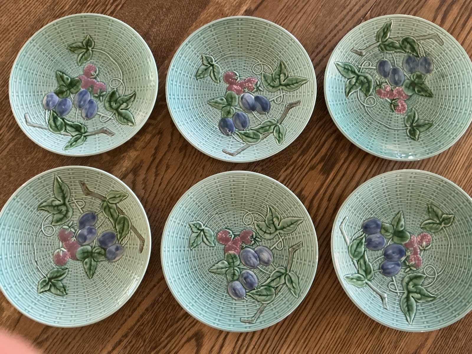 SET Of SIX Majolica Plates Teal Aqua Raspberry Plumb 2230 B Germany Weave 7.75”
