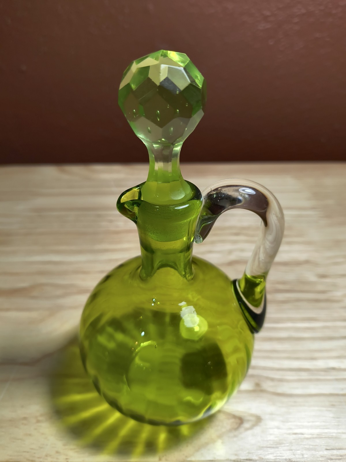 Vintage Olive Green Glass Cruet W/Stopper Glowing Stopper