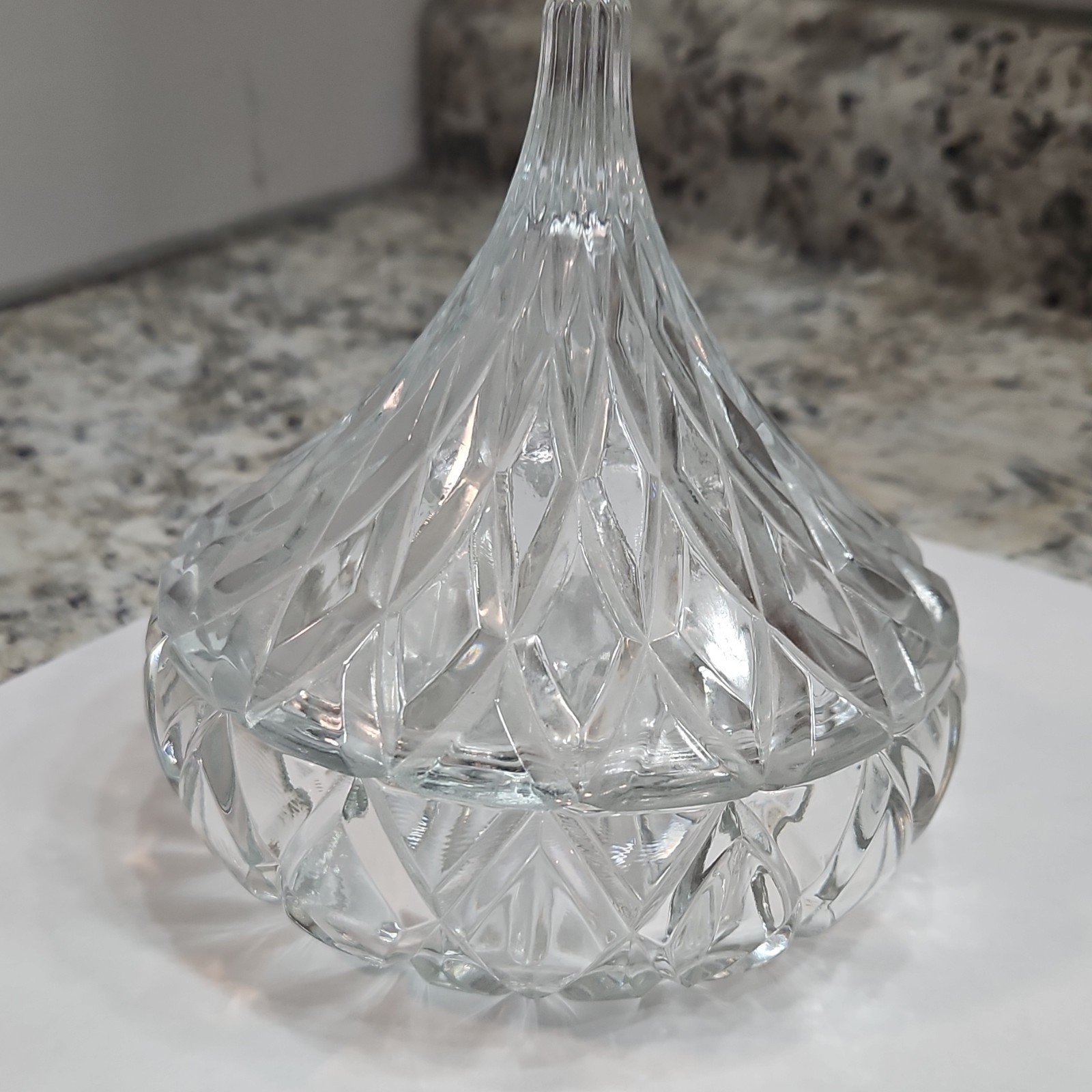 HFC 1994 Glass Covered Dish shaped as a Hershey kiss Diamond Pattern with Lid.