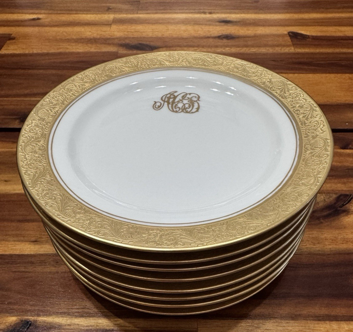 8pcs Antique Limoges P&P Gold Encrusted Monogram Salad Plates 7.5″- France, MINT