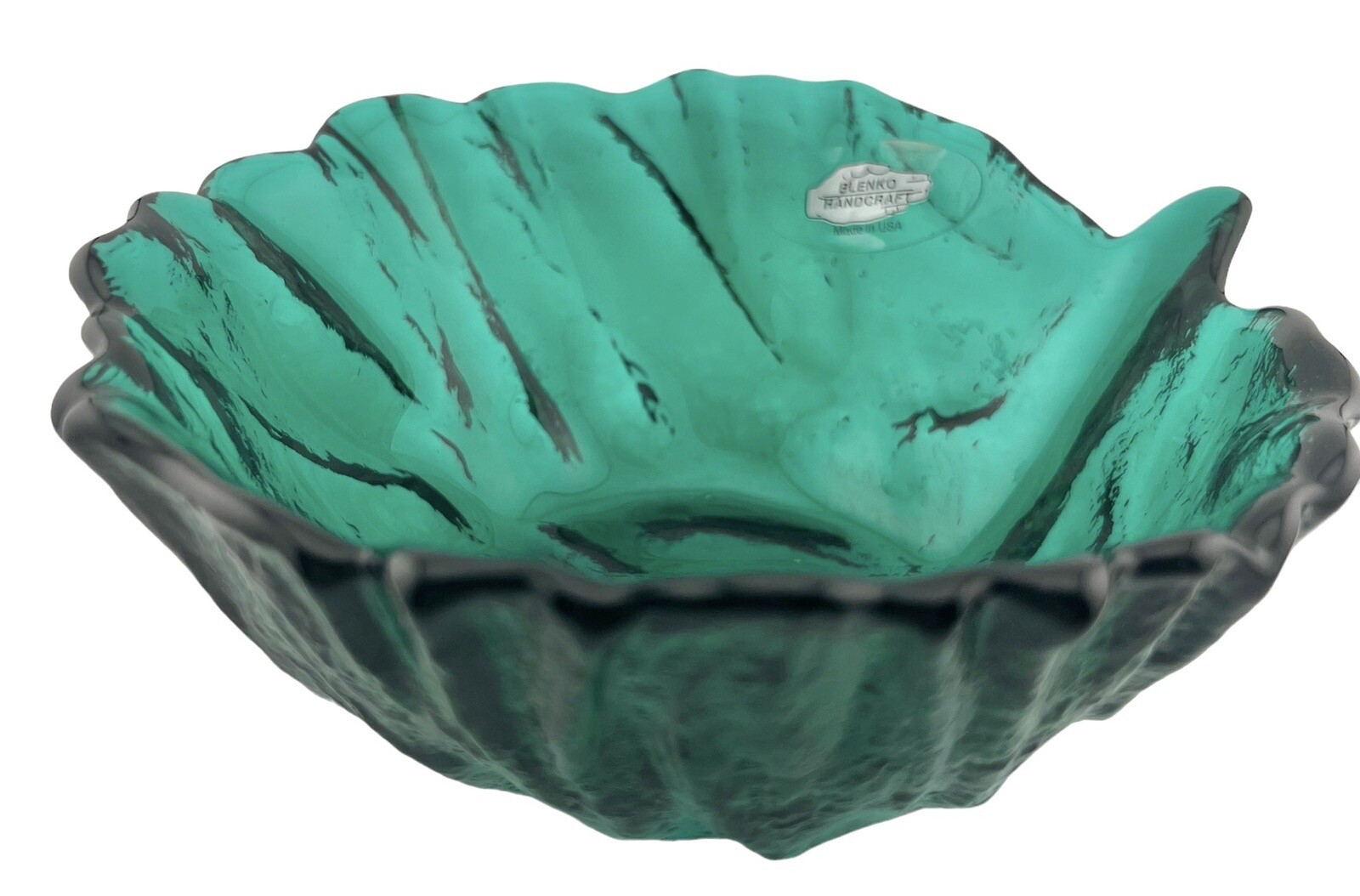 Vintage Blenko Glass Cabbage Leaf Bowl Dark Green 6.5” USA Label Handcraft