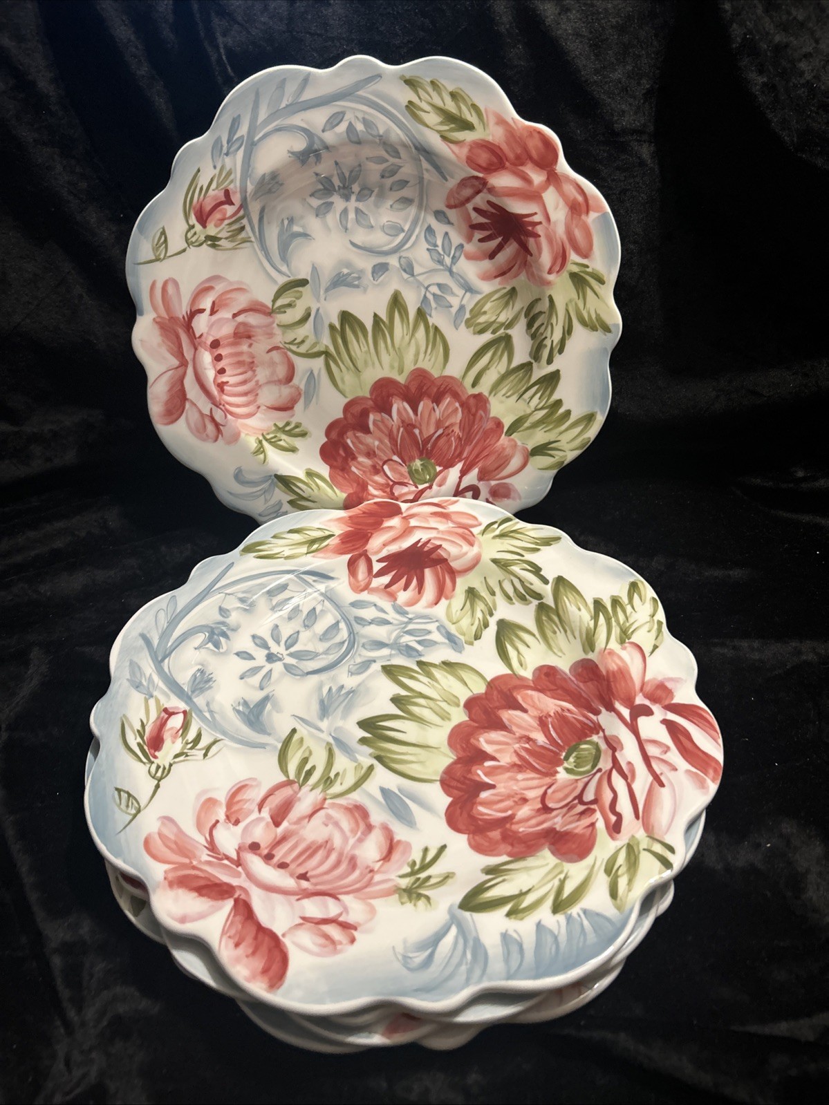 Set Of 5 Rosalace By Jay 11″ Dinner Plates Scalloped Pink Blue Flower Motif #1