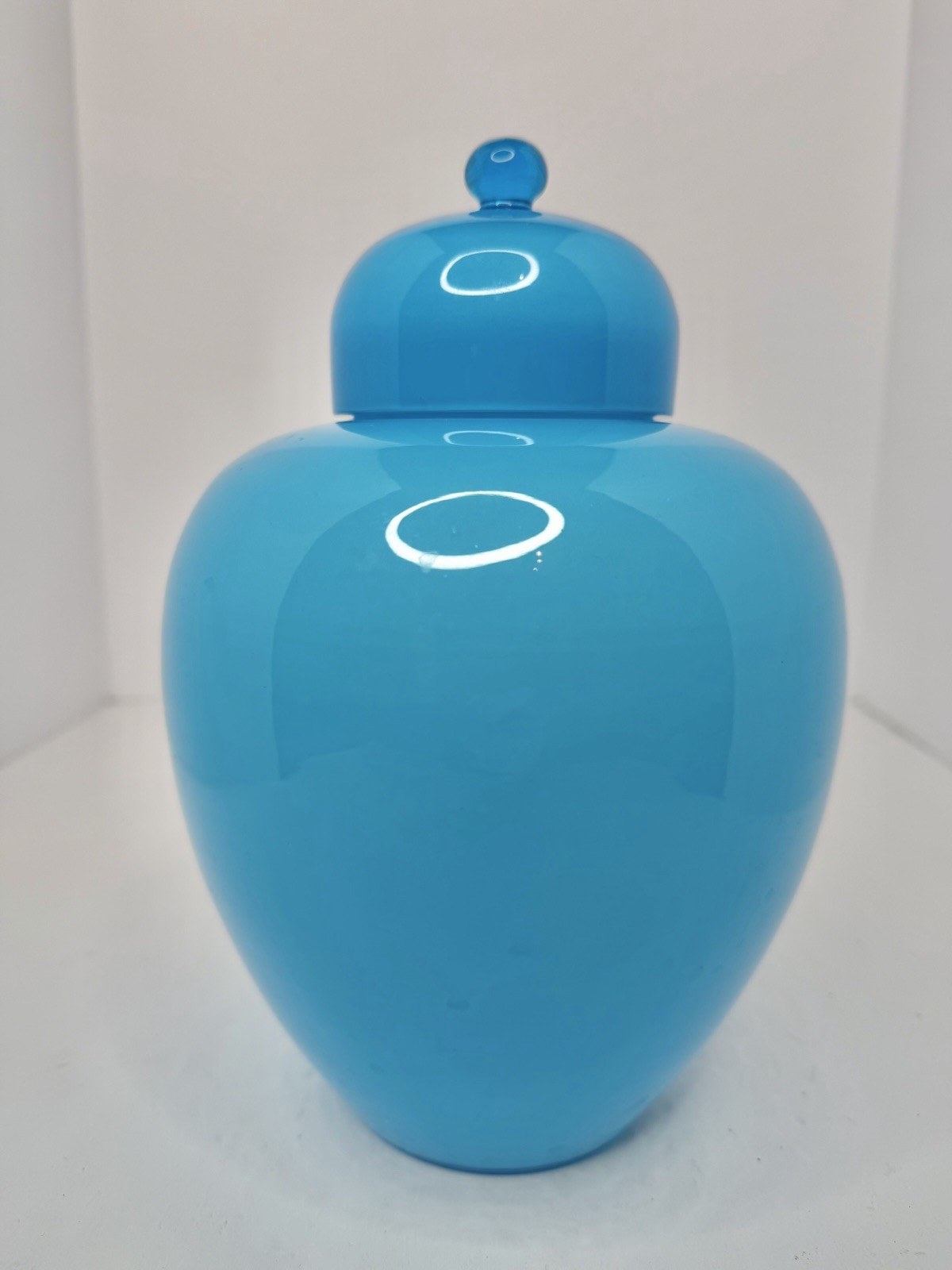 Vintage MCM Scandinavian Blue Cased Glass Ginger Jar 9.5” W/lid Pop Art