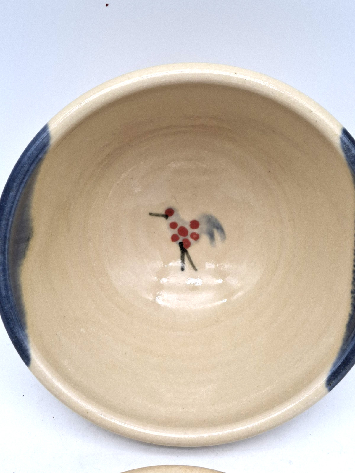2 Mucros Bird Pottery Bowls Hand Thrown Ireland Spotted Tan Grey Blue Drip 4 5.5