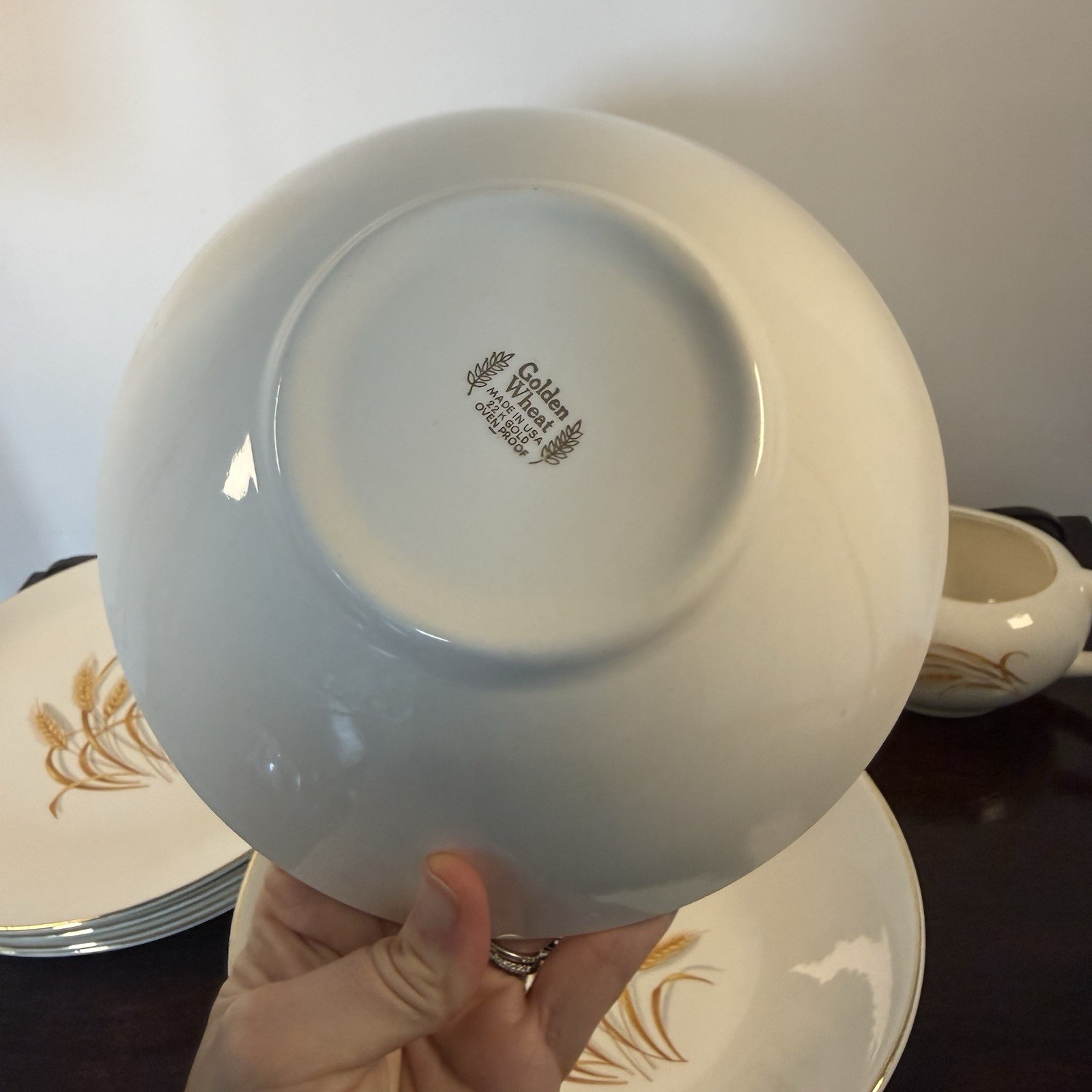 Homer Laughlin Vintage Golden Wheat 7 Piece Lot Plates Bowls Gravy Boat 22K Gold