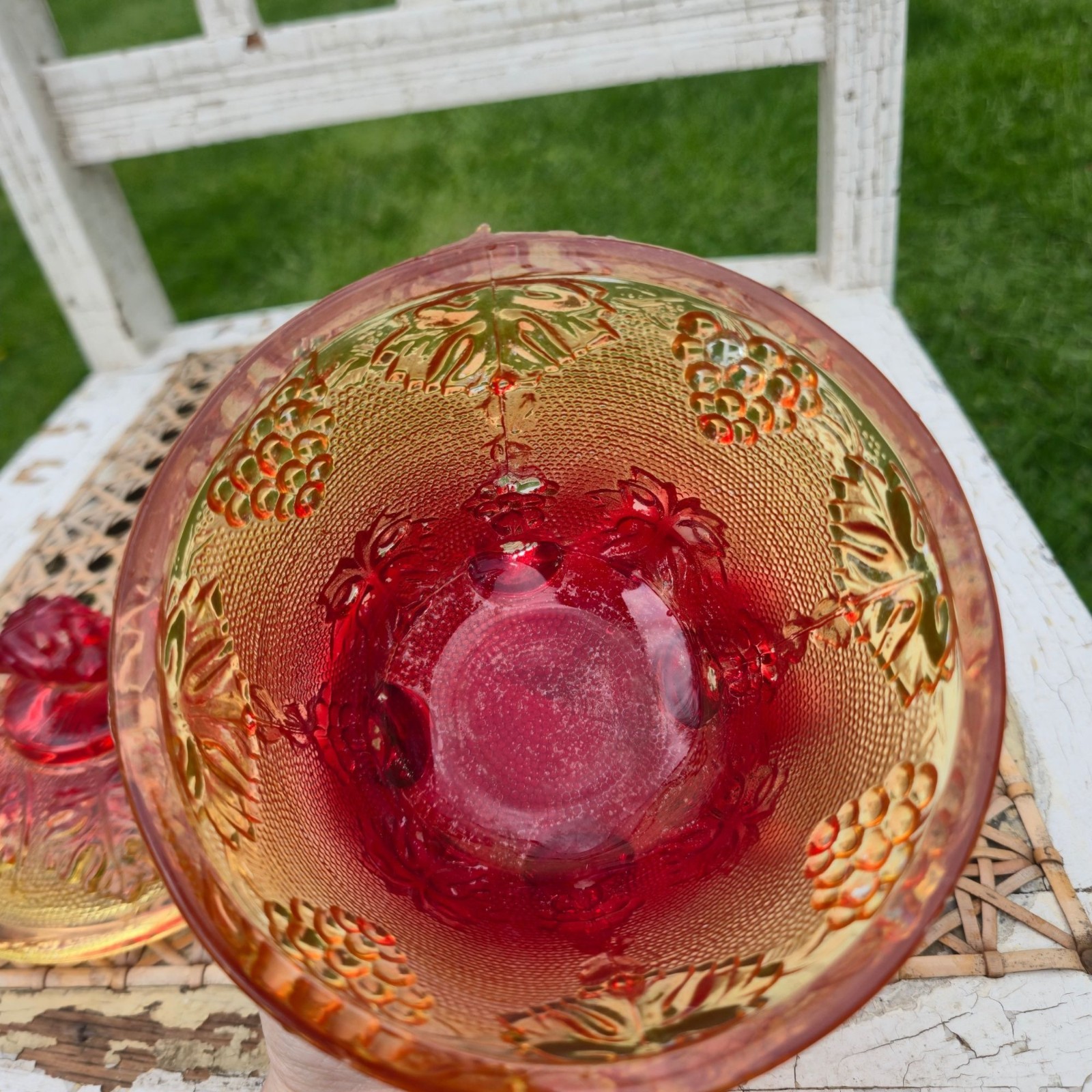VTG Jeannette Harvest Grapes Amber Red Carnival Glass Footed Covered Candy Dish