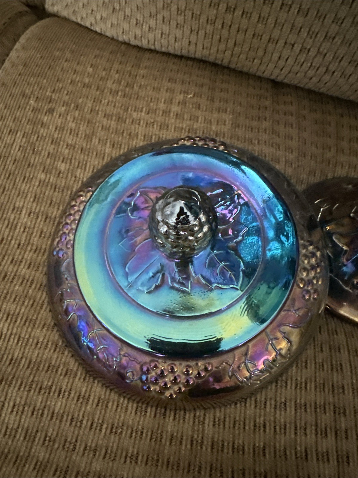 Vintage Iridescent Blue Carnival Glass Pedestal Bowl with Lid 11” Ht