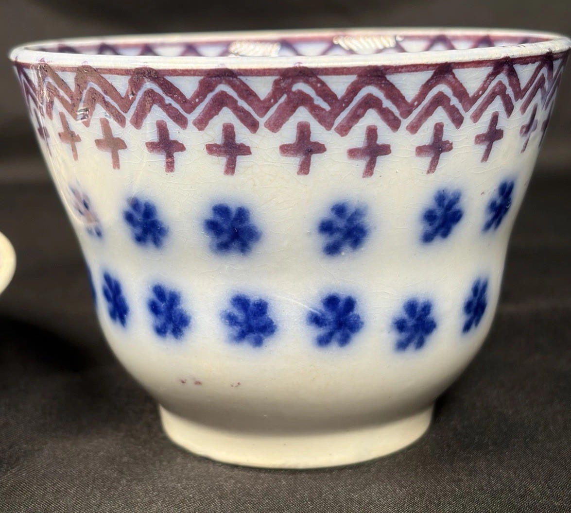Antique Staffordshire Flow Blue Amish Snowflake Handleless Cup Saucer c1840