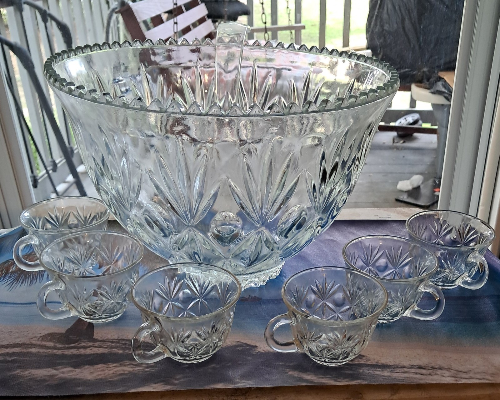 Crystal Punch Bowl Set With 6 Cups & Laddle
