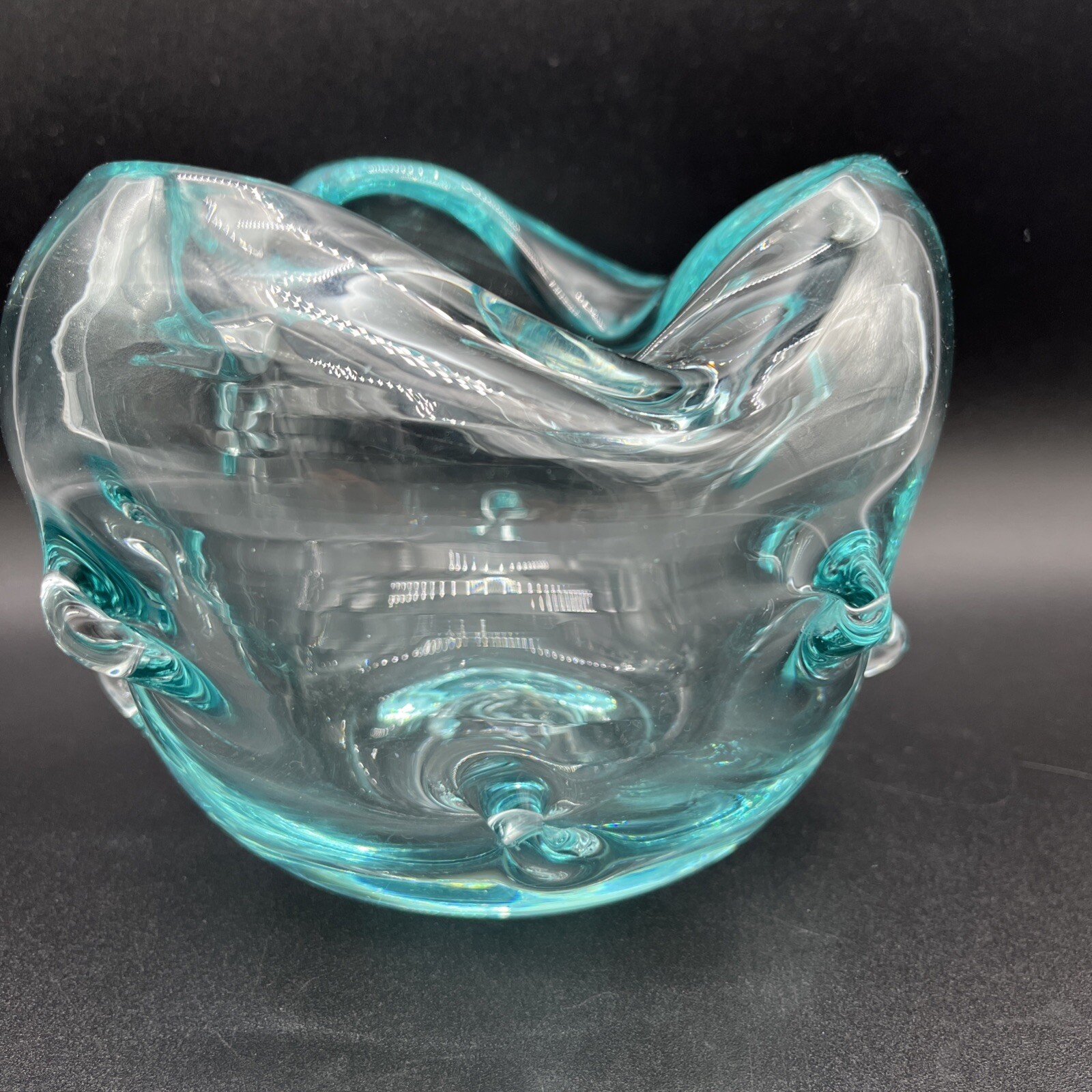 Hand blown Art Glass Bowl Aqua Pinched/Dimpled Sides