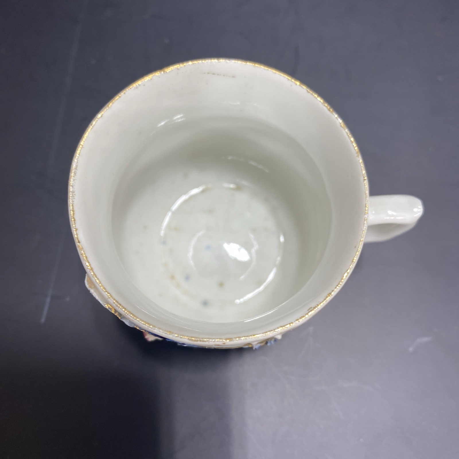 Antique Germany cobalt blue white gold rust Demitasse Cup applied Flowers Leaves