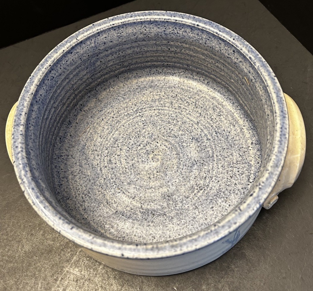 Vtg Signed Studio Pottery Dish W/Handles Blue & Tan Gray 6.25” X 3” Tulip Design