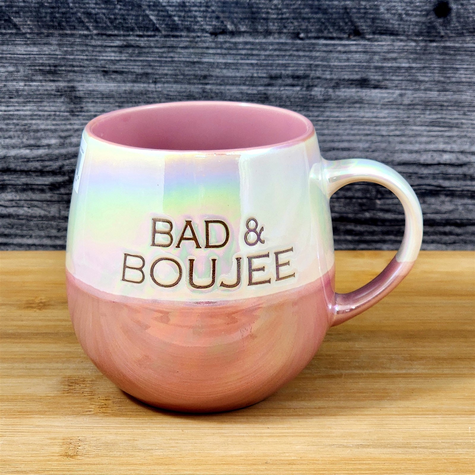 Bad & Boujee Mug Luster Glaze Pink Ceramic Coffee Cup Funny Glam Blue Sky 21oz