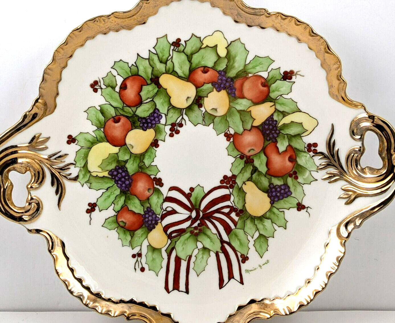 Hand Painted Ceramic Fruit Holly Berry Handled Platter Heavy Gold Trim Signed